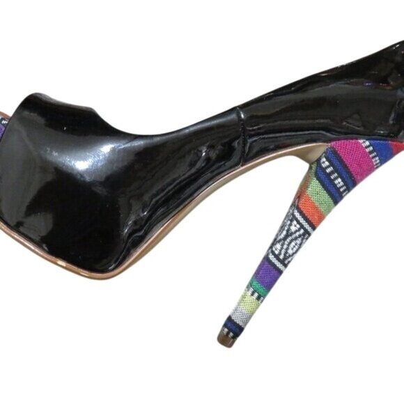 Chinese Laundry Triple Major Black Patent Leather Peep Toe Patterned Heels sz 8 - Picture 8 of 14